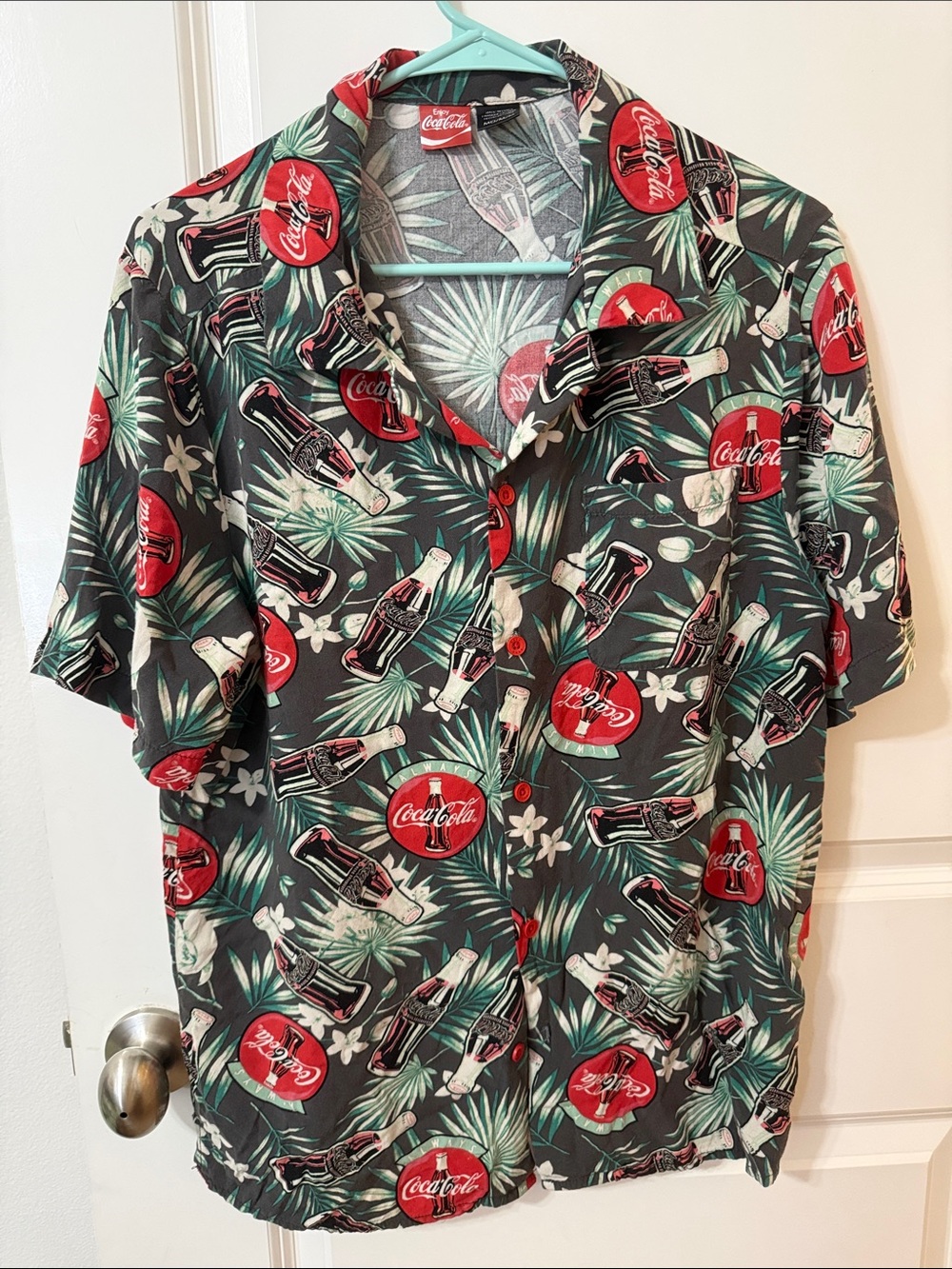 Coca Cola Black Short Sleeve Button-Up Shirt with Red & Green Print